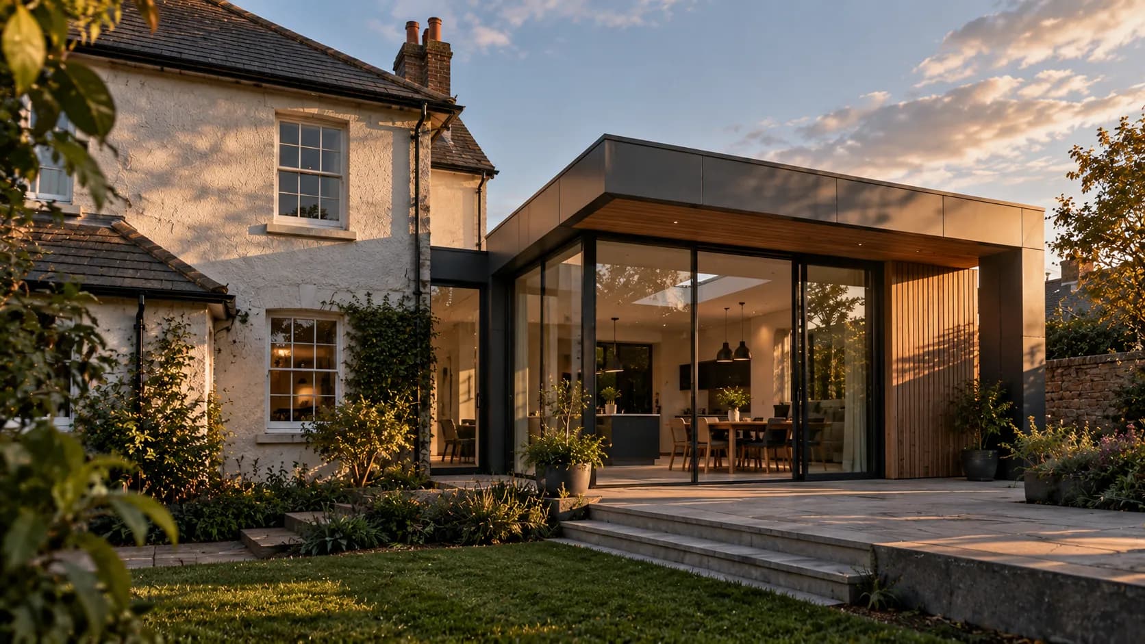Modern glazed extension joining an older rendered house, the junction between old and new lit by late afternoon sun