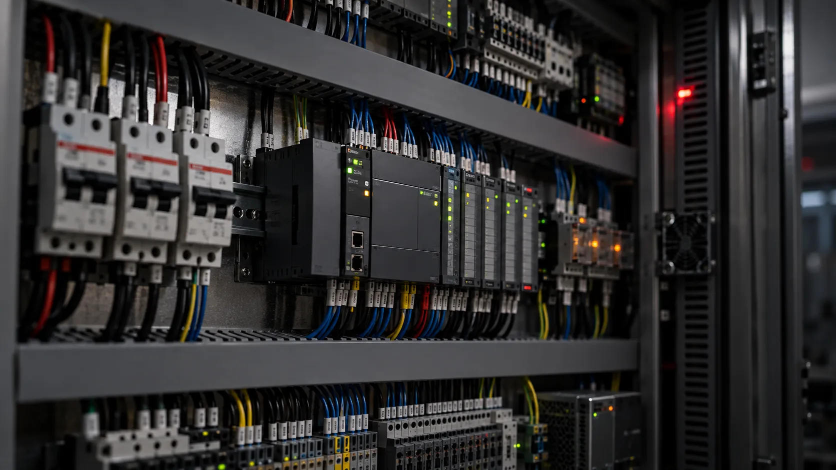 Industrial control panel with PLC modules and colour-coded cabling on DIN rails, status LEDs glowing in low light