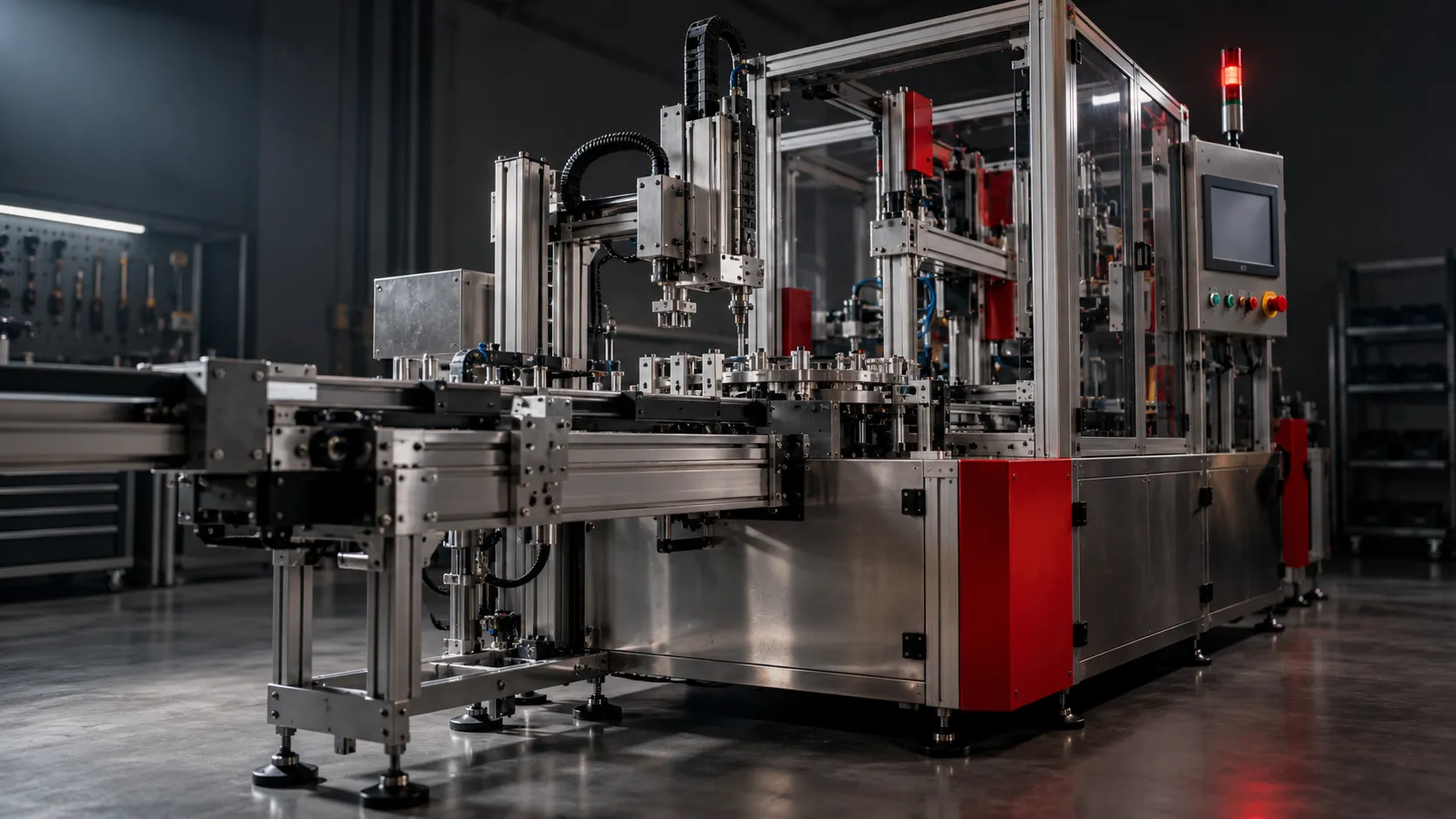 Custom automated assembly machine in a clean engineering workshop, stainless steel frame with precision linear rails and pneumatic actuators
