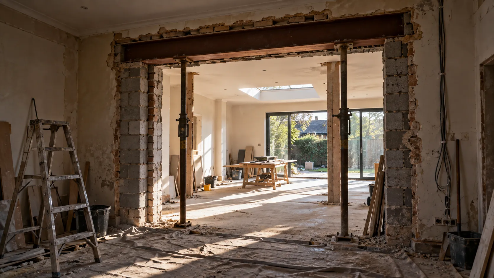 Interior renovation in progress, a new opening cut through an existing masonry wall with temporary propping and dust sheets over the floor