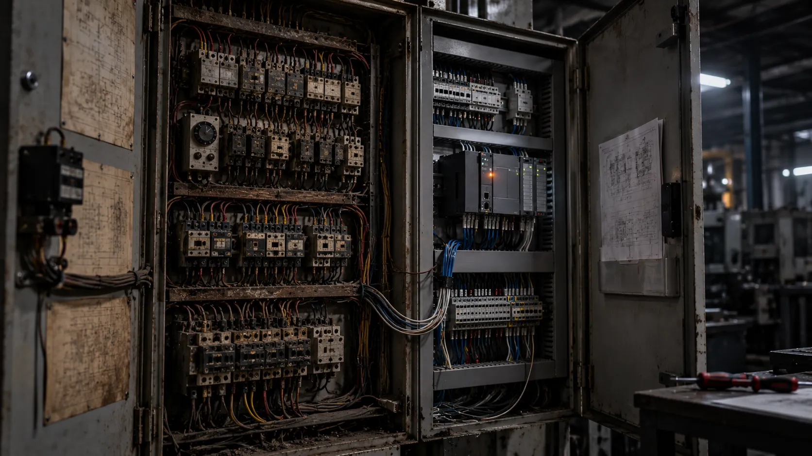 Older industrial control cabinet standing open, aged relays and terminal blocks beside a newly installed modern controller module mid-migration