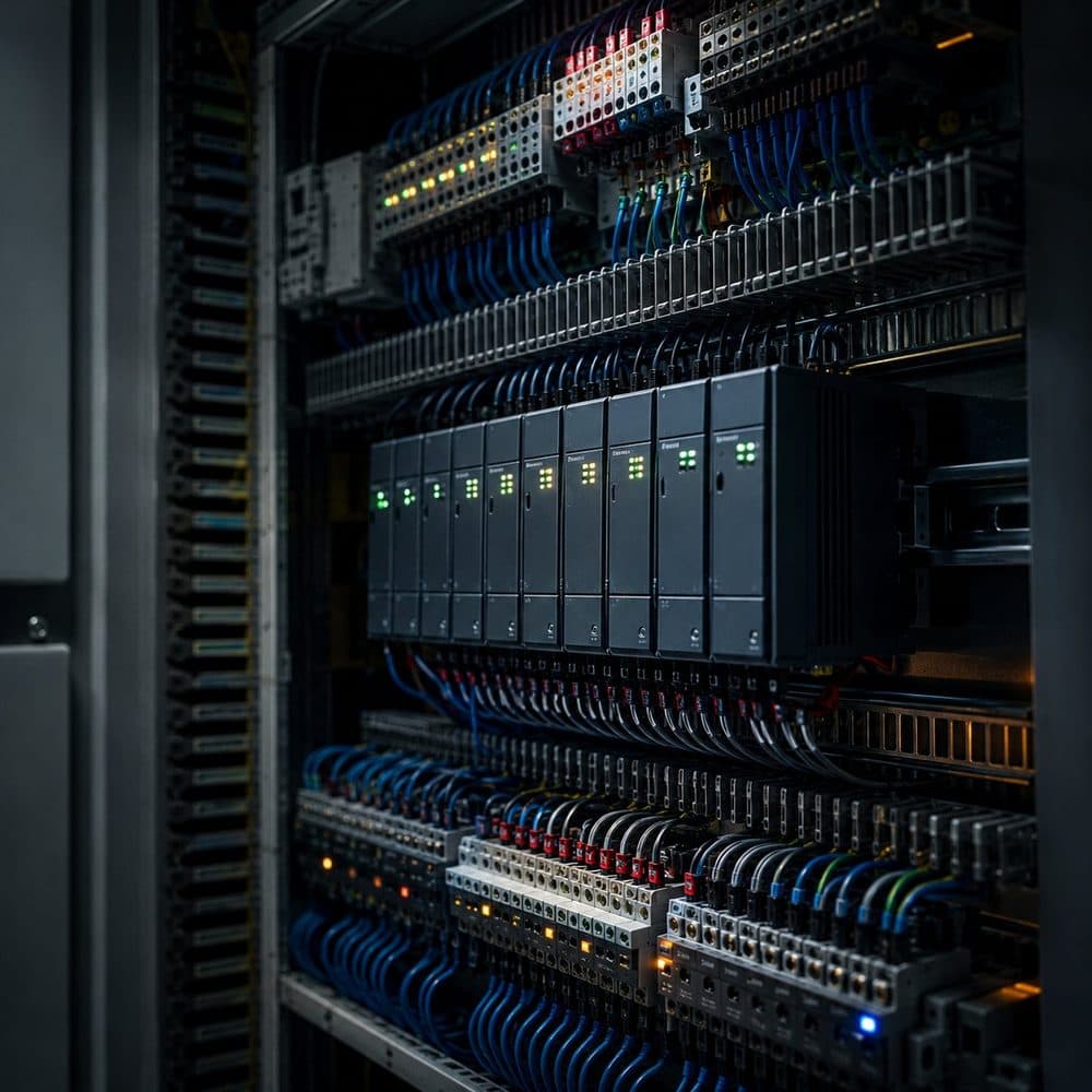 PLC control panel with wired terminal blocks